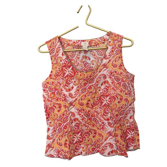 J. Jill Sleeveless Paisley Cotton Top Tan Trim Orange Pink Print Women’s XS EUC - Picture 2 of 7
